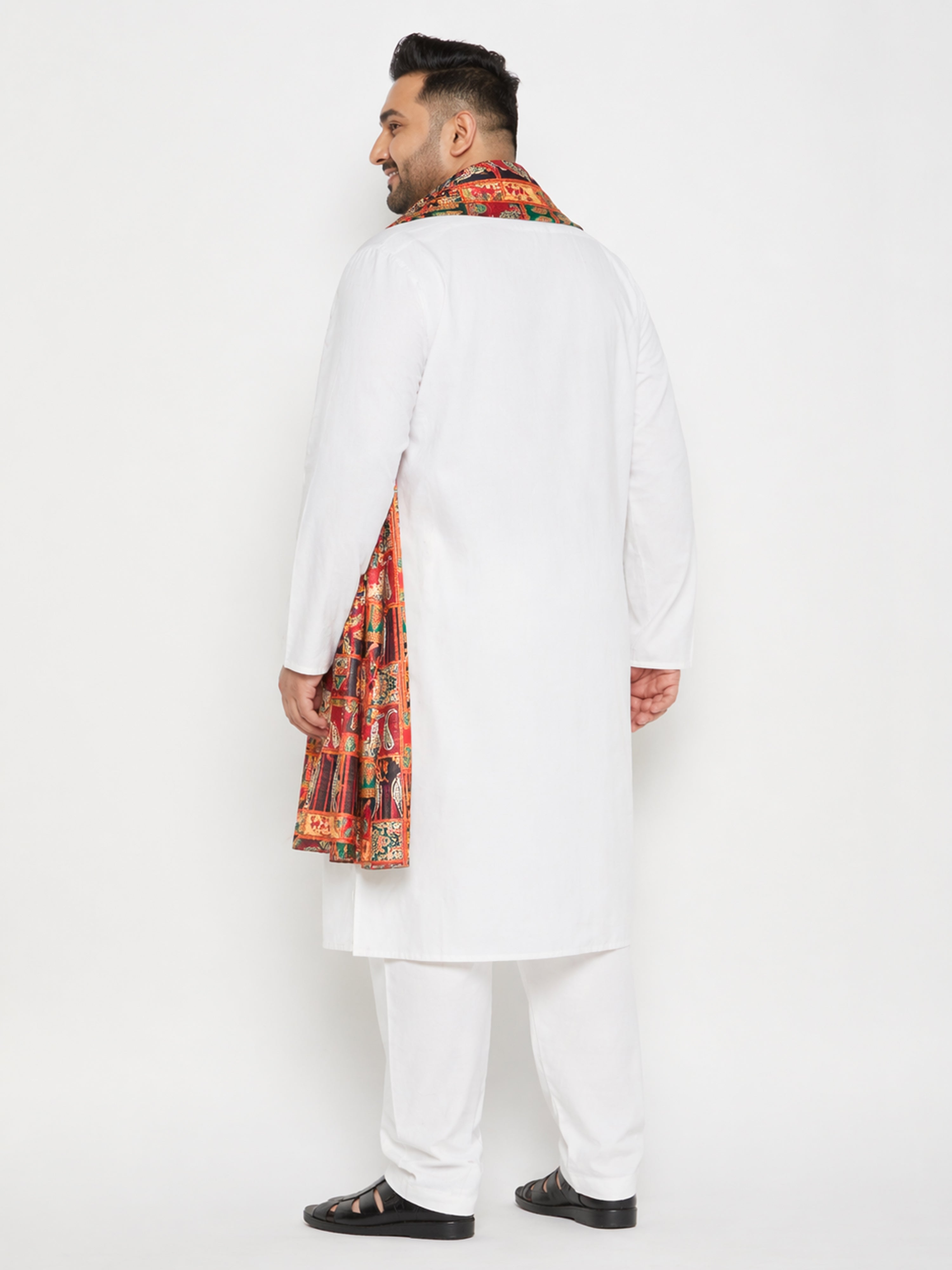 Men's White Cotton Solid Thigh Length Kurta Pant Set with Pant