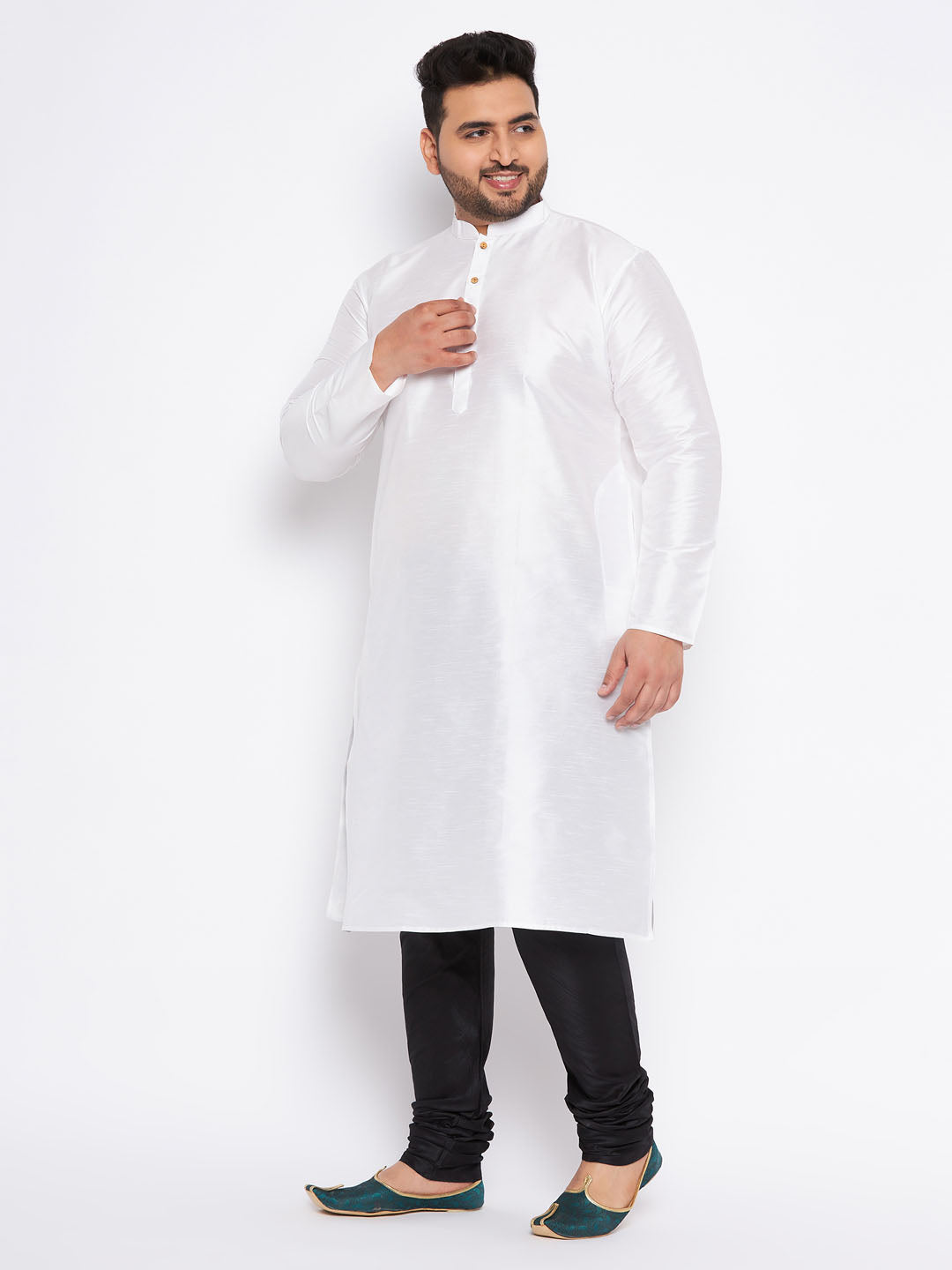 Men's Plus Size White Silk Blend Kurta And Black Pyjama Set