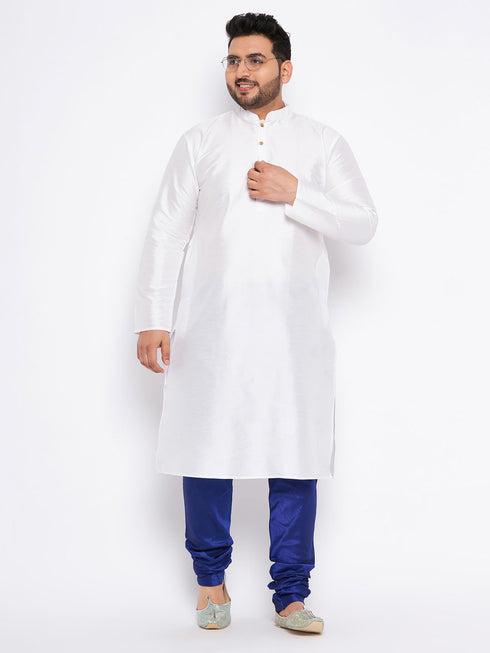 Men's Plus Size White Silk Blend Kurta And Blue Pyjama Set