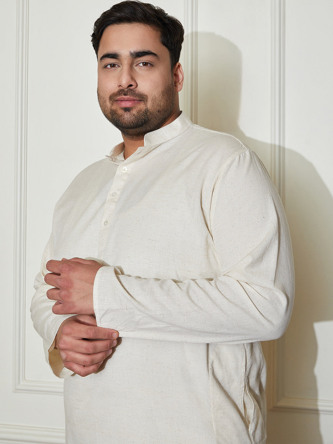Plus Men's Cream Cotton Kurta Pyjama Set