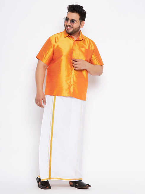 Men's Plus Size White And Gold Dhoti/Mundu/Vesty