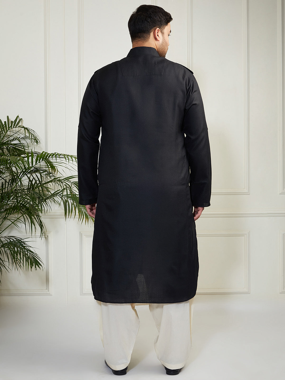 Plus Men's Black And Cream Cotton Blend Pathani Kurta Set