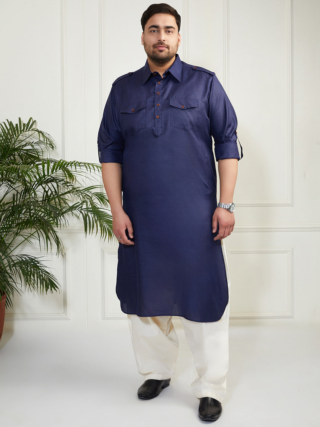 Plus Men's Blue And Cream Cotton Blend Pathani Kurta Set