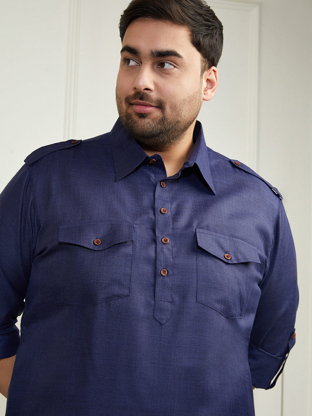 Plus Men's Blue And Cream Cotton Blend Pathani Kurta Set