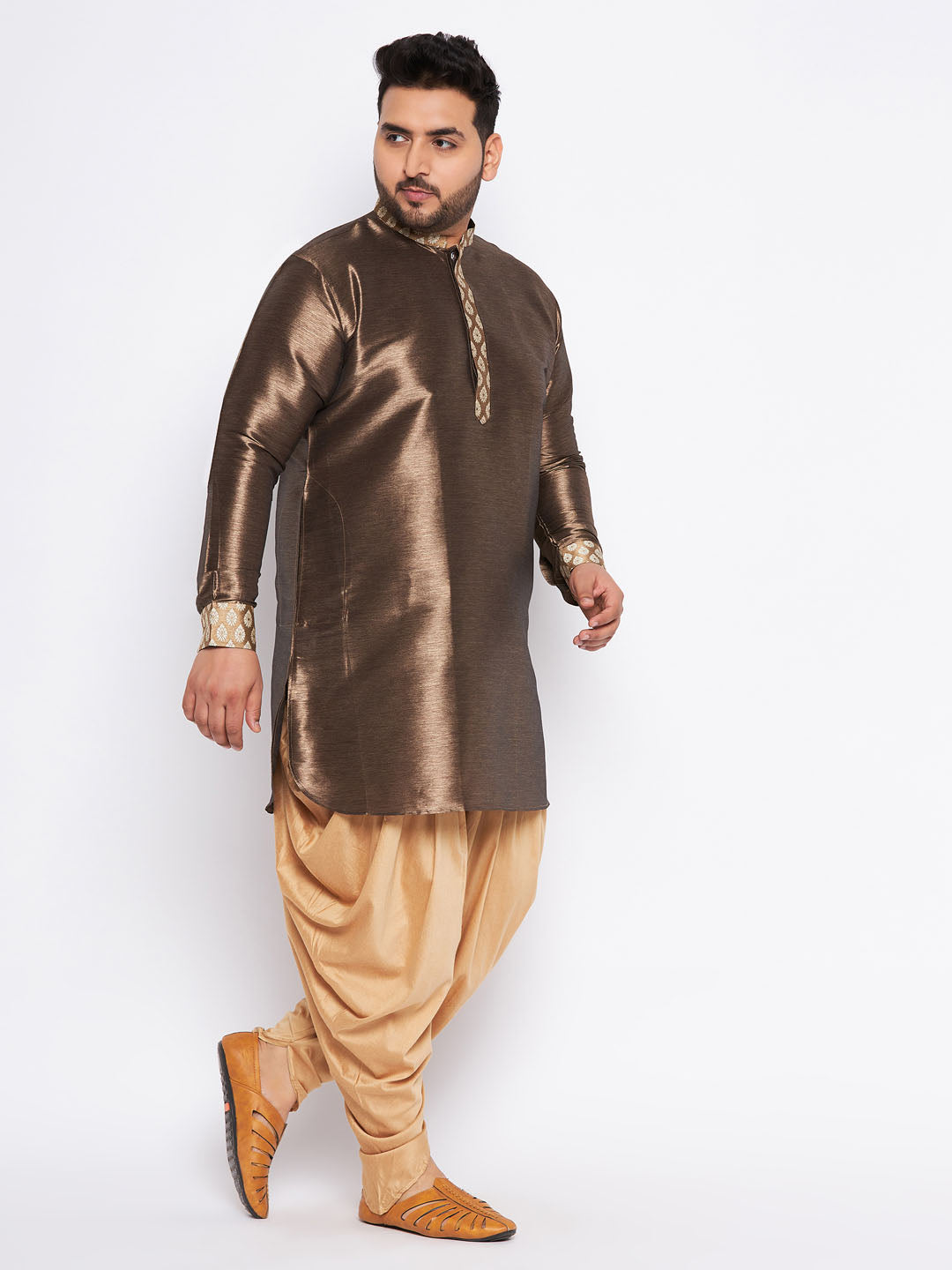 Men's Plus Size Gold Silk Blend Curved Kurta And Dhoti Set