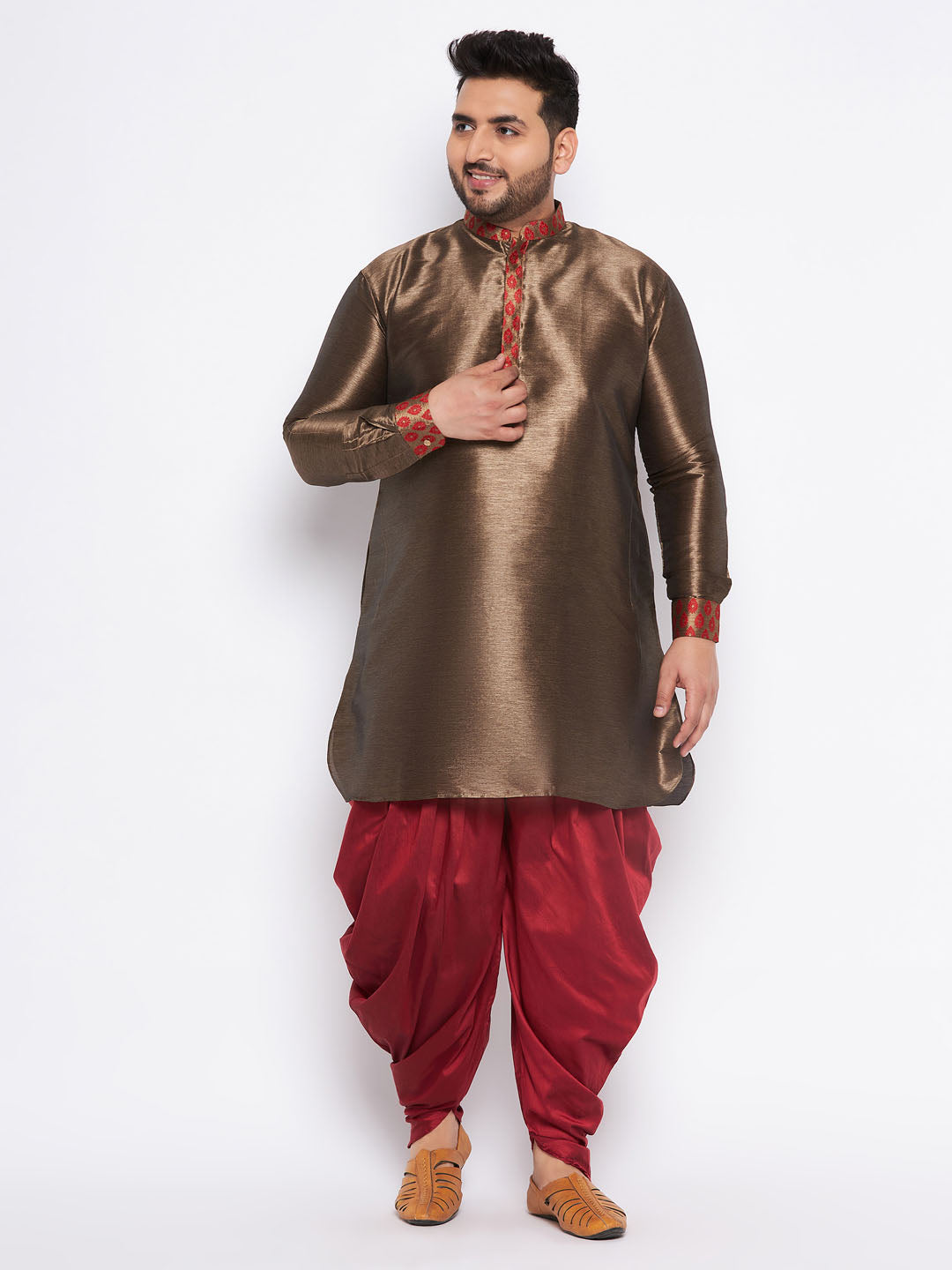 Men's Plus Size Maroon Silk Blend Curved Kurta And Dhoti Set