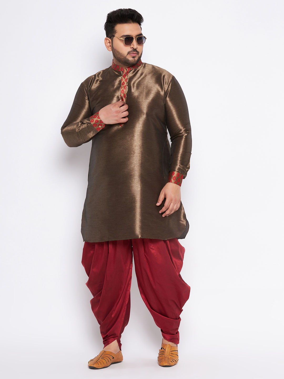 Men's Plus Size Maroon Silk Blend Curved Kurta And Dhoti Set