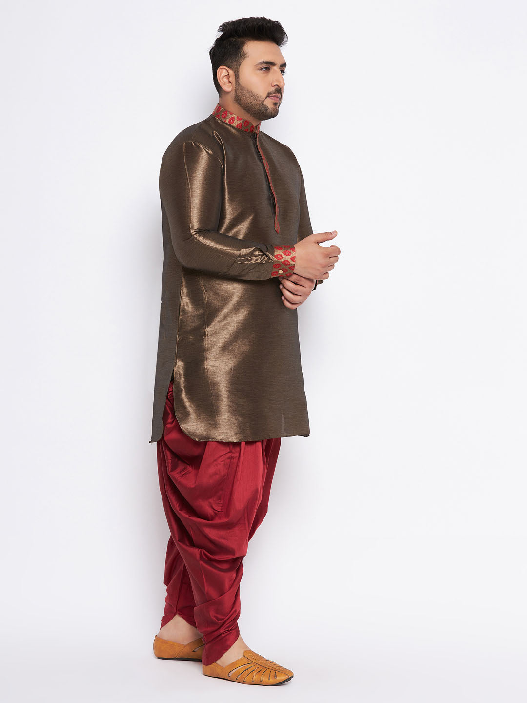 Men's Plus Size Maroon Silk Blend Curved Kurta And Dhoti Set