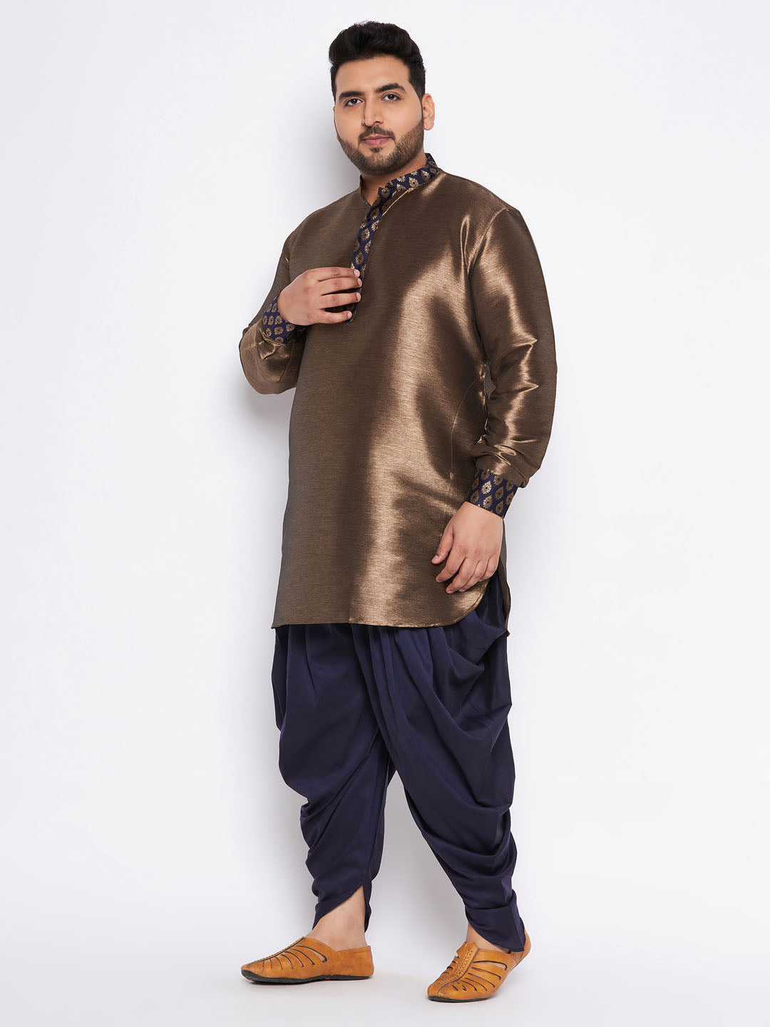 Men's Plus Size Navy Blue Silk Blend Curved Kurta And Dhoti Set