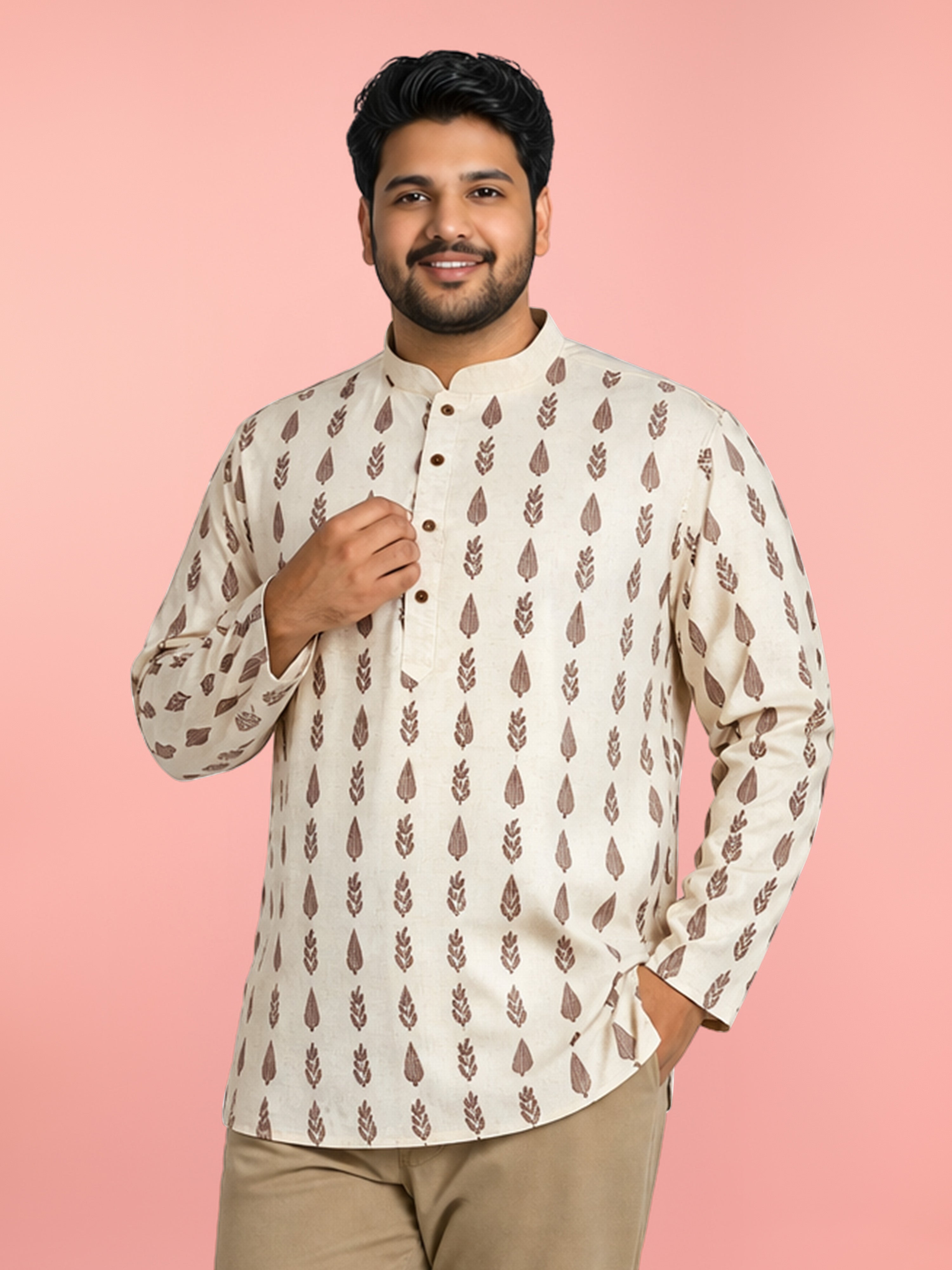 Men's Beige Cotton Floral Print Kurta with Thread Work