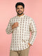 Men's Beige Cotton Floral Print Kurta with Thread Work