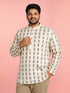 Men's Beige Cotton Floral Print Kurta with Thread Work