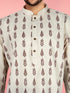Men's Beige Cotton Ethnic Motiff Thigh Length Kurta