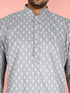 Men's Grey Cambric Cotton Ethnic Motiff Thigh Length Kurta