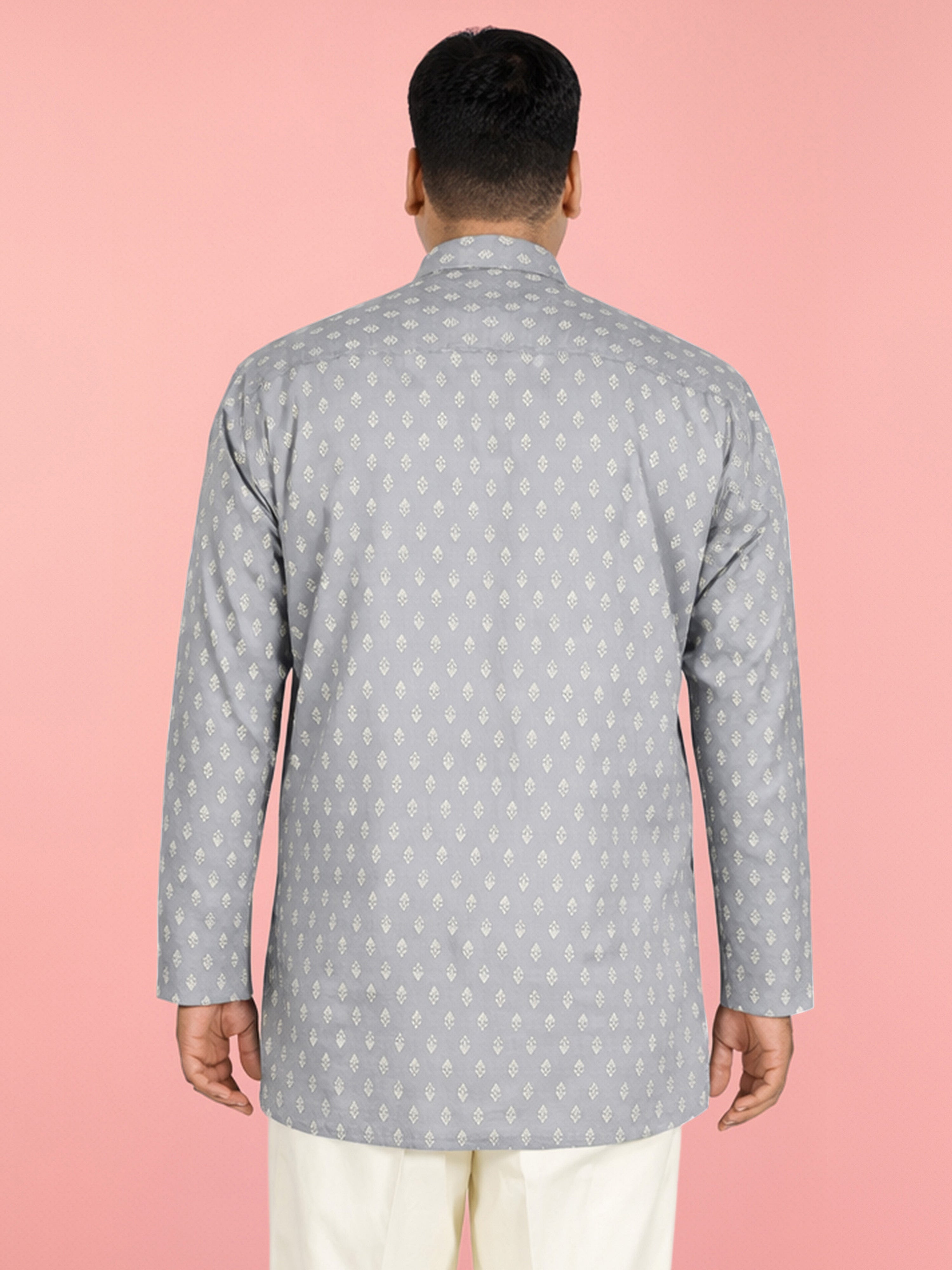 Men's Grey Cambric Cotton Ethnic Motiff Thigh Length Kurta