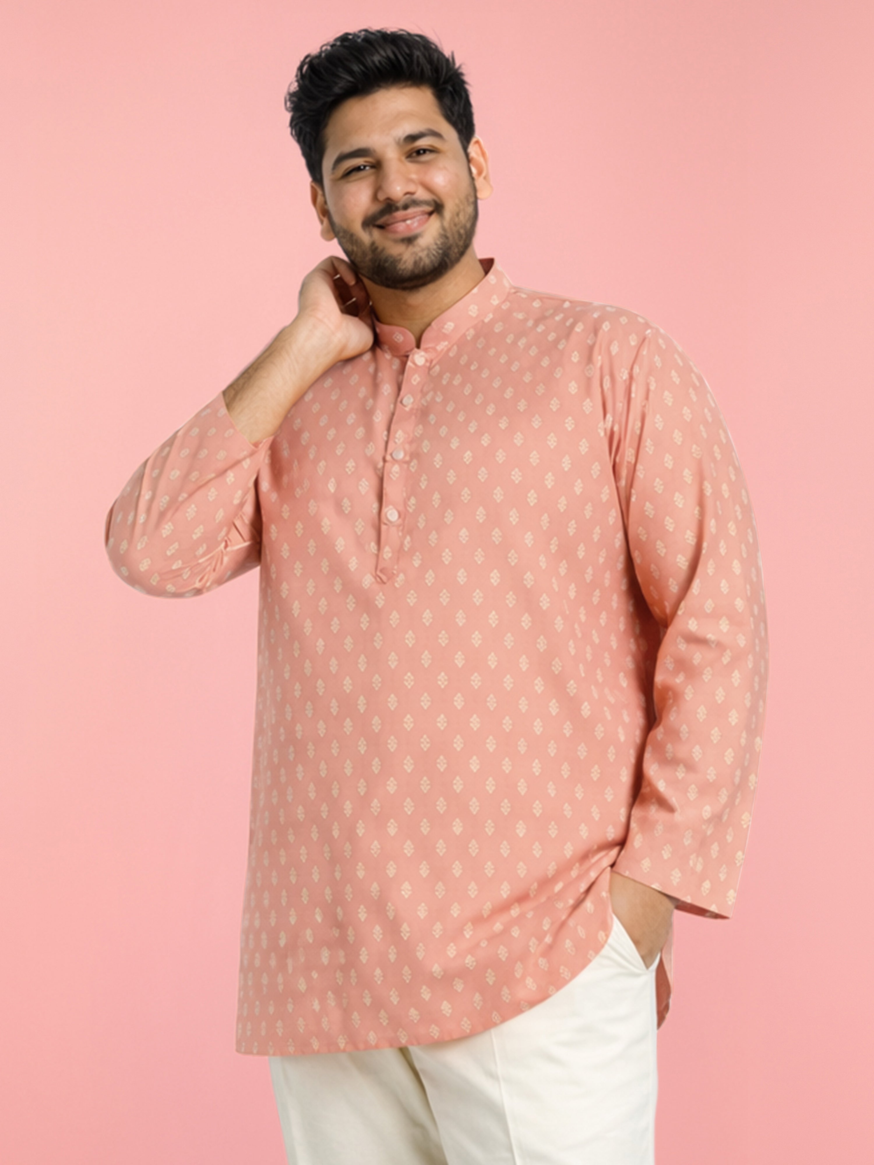 Men's Pink Cambric Cotton Ethnic Motif Print Kurta