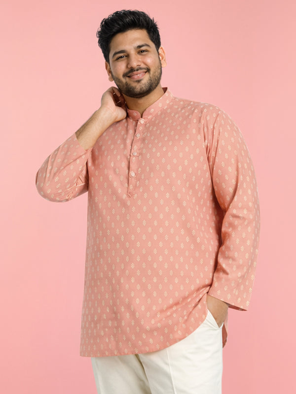 Men's Pink Cambric Cotton Ethnic Motif Print Kurta