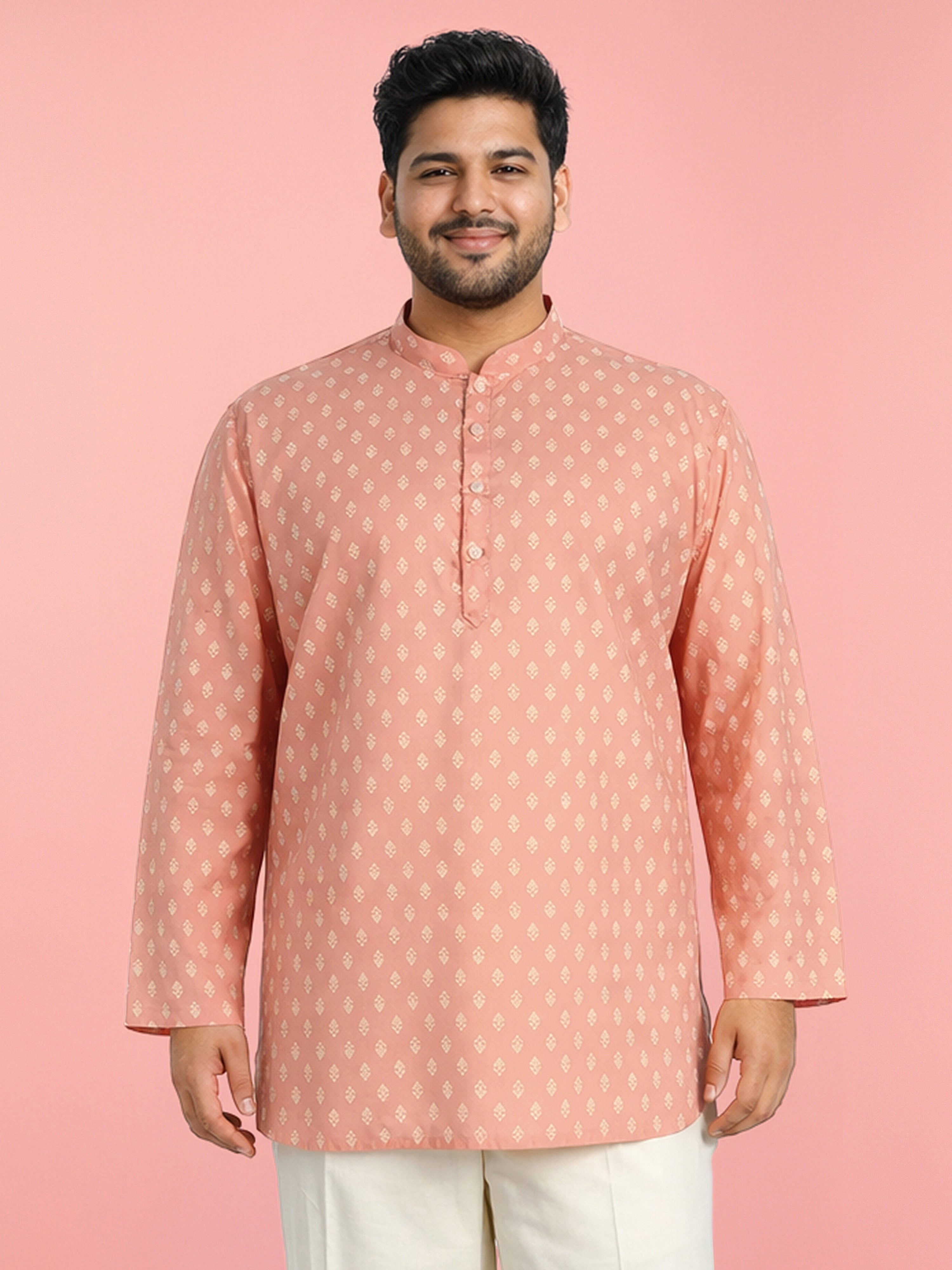 Men's Pink Cambric Cotton Ethnic Motiff Regular Kurta
