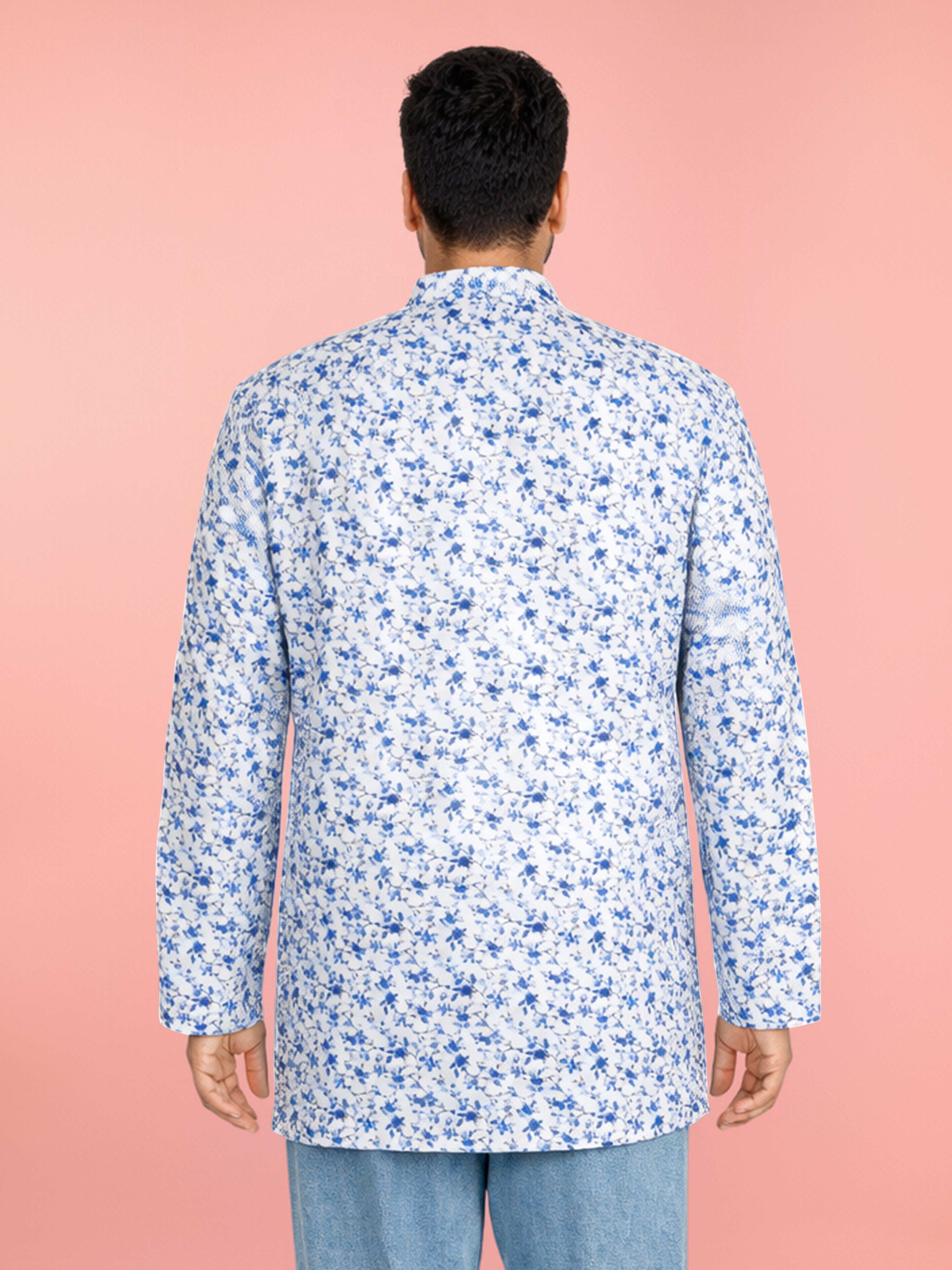 Men's White Cotton Floral Regular Kurta