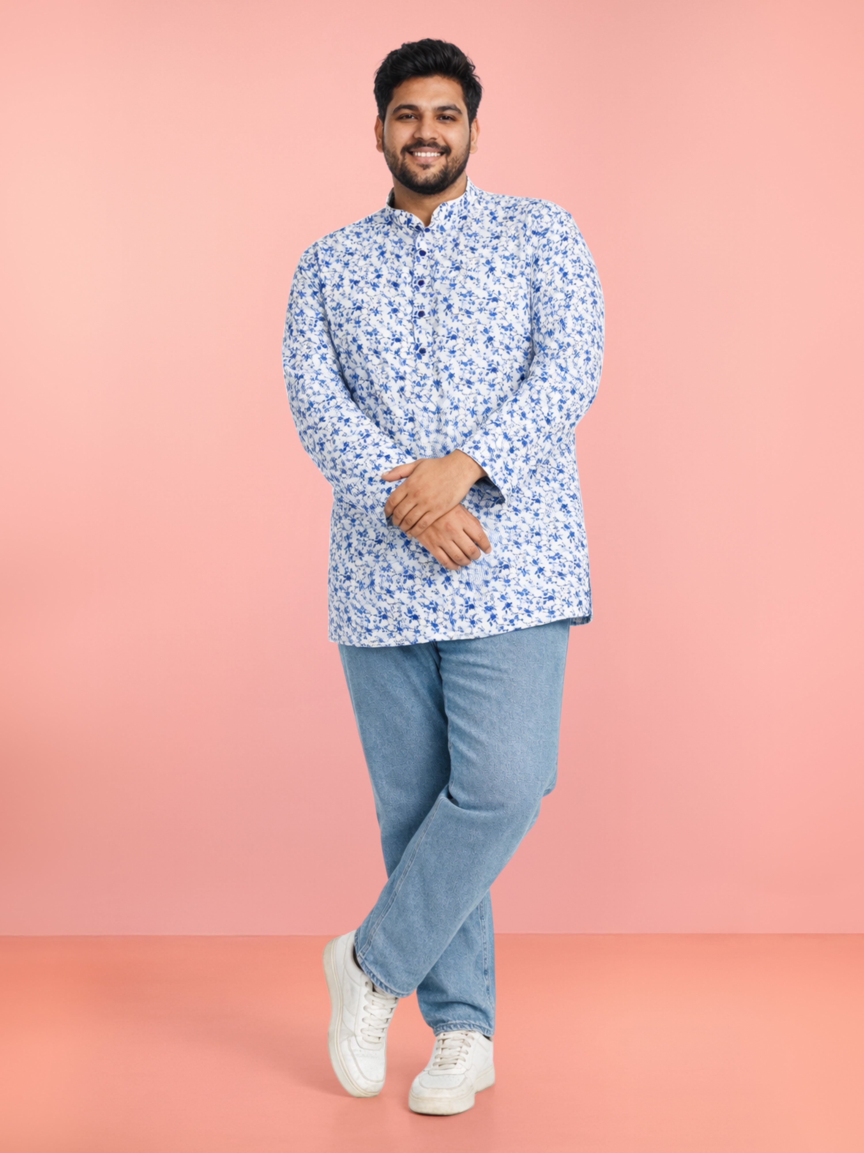 Men's White Cotton Floral Regular Kurta
