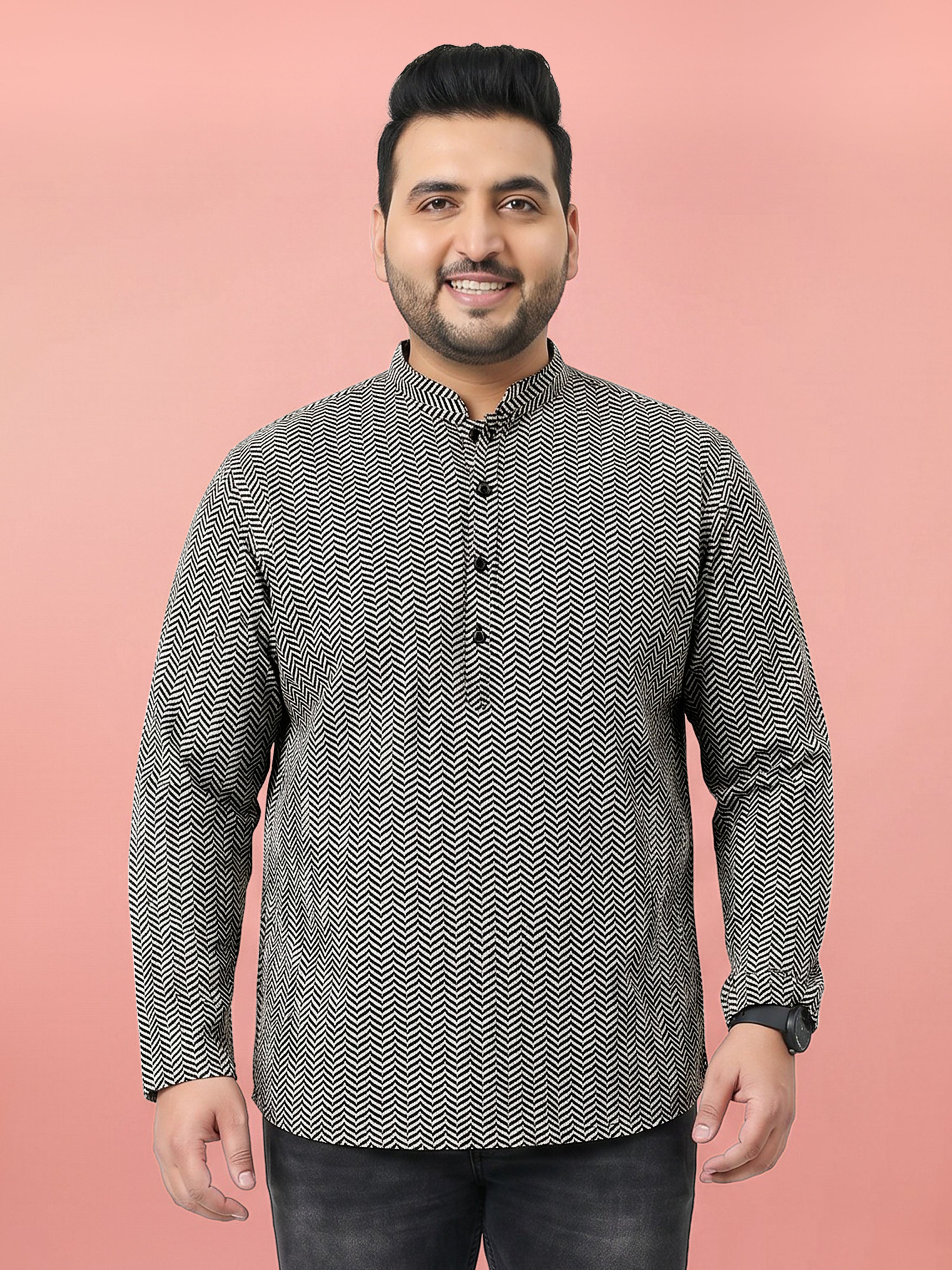 Men Black Geometric Plain Regular Length Straight Kurta