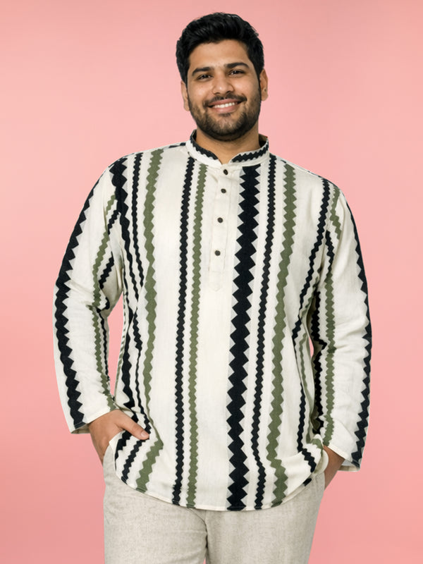 Off-White Cotton Geometric Stripe Print Men's Kurta