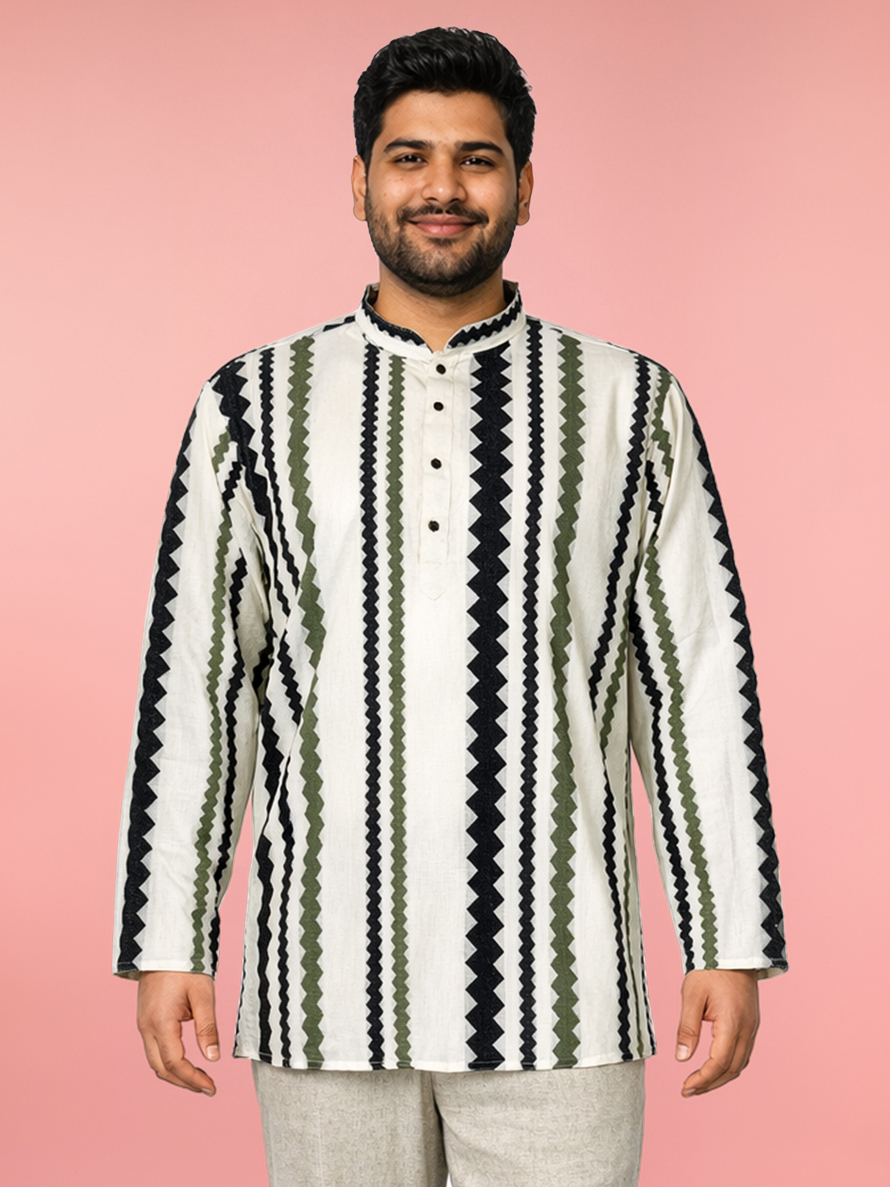 Men's Off-White Cotton Geometric Print Regular Kurta