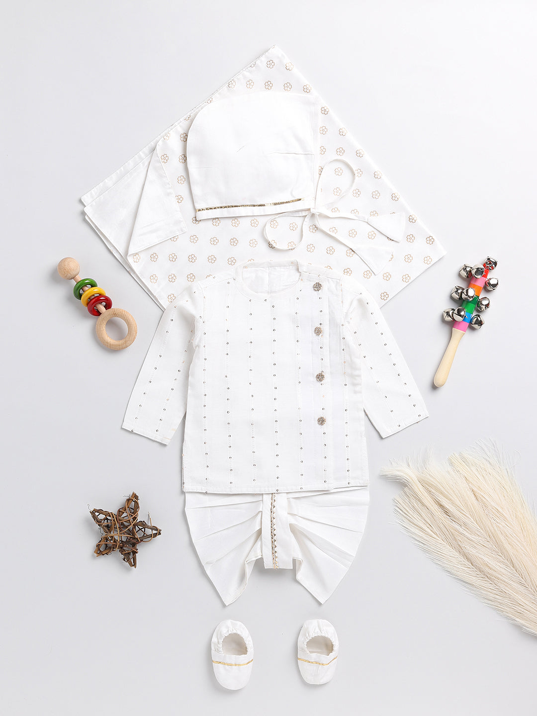 Boy's White Chanderi Ethnic Combo Set