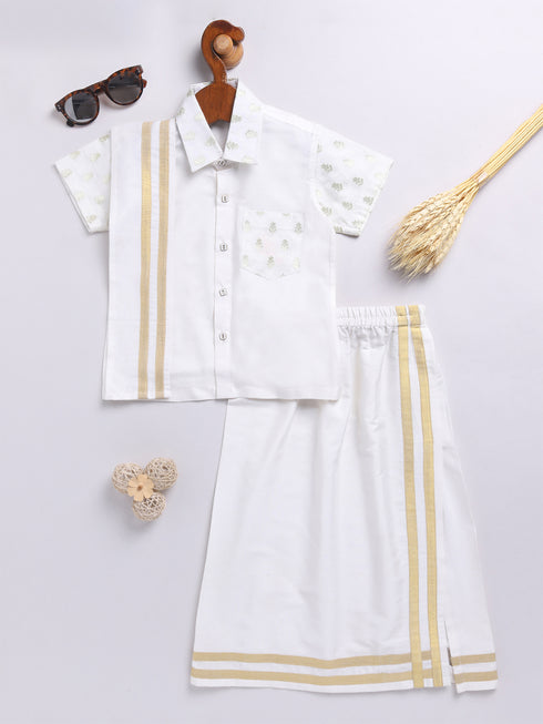 Infant Boy's White Viscose Shirt, Mundu And Dupatta Set.
