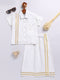 Infant Boy's White Viscose Shirt, Mundu And Dupatta Set.