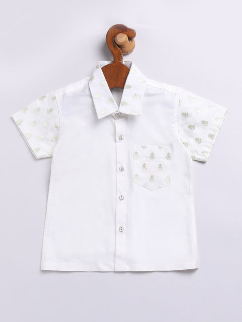 Infant Boy's White Viscose Shirt, Mundu And Dupatta Set.