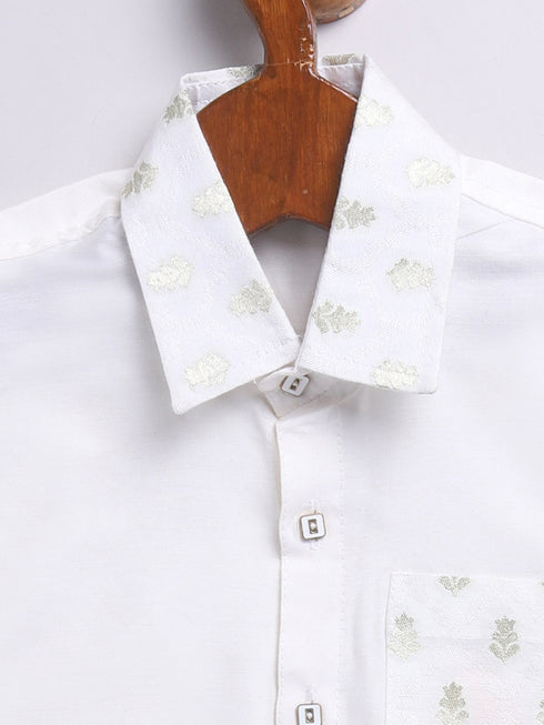 Infant Boy's White Viscose Shirt, Mundu And Dupatta Set.
