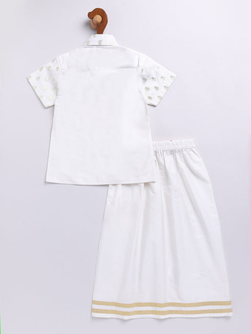 Infant Boy's White Viscose Shirt, Mundu And Dupatta Set.