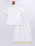 Infant Boy's White Viscose Shirt, Mundu And Dupatta Set.