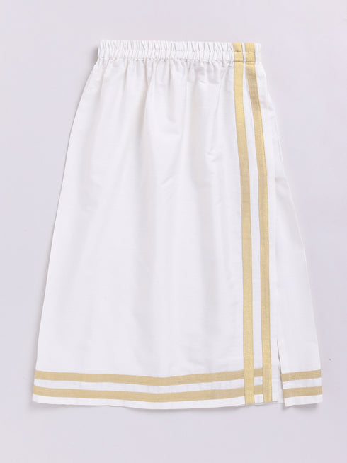 Infant Boy's White Viscose Shirt, Mundu And Dupatta Set.