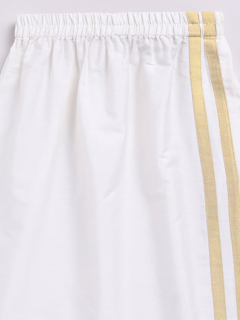Infant Boy's White Viscose Shirt, Mundu And Dupatta Set.