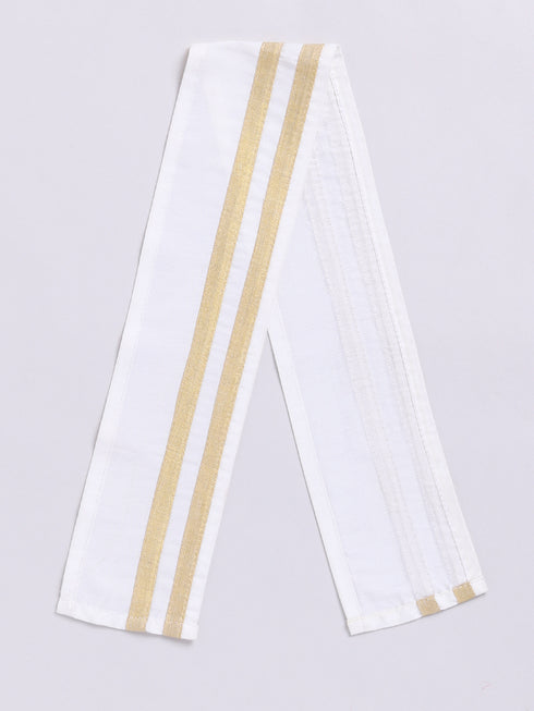 Infant Boy's White Viscose Shirt, Mundu And Dupatta Set.