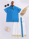 Infant Boy's Turquoise Viscose Shirt,Mundu And Dupatta Set.