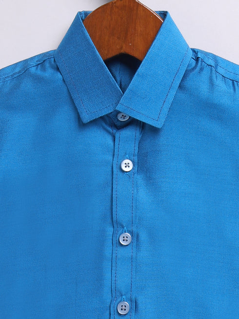 Infant Boy's Turquoise Viscose Shirt,Mundu And Dupatta Set.