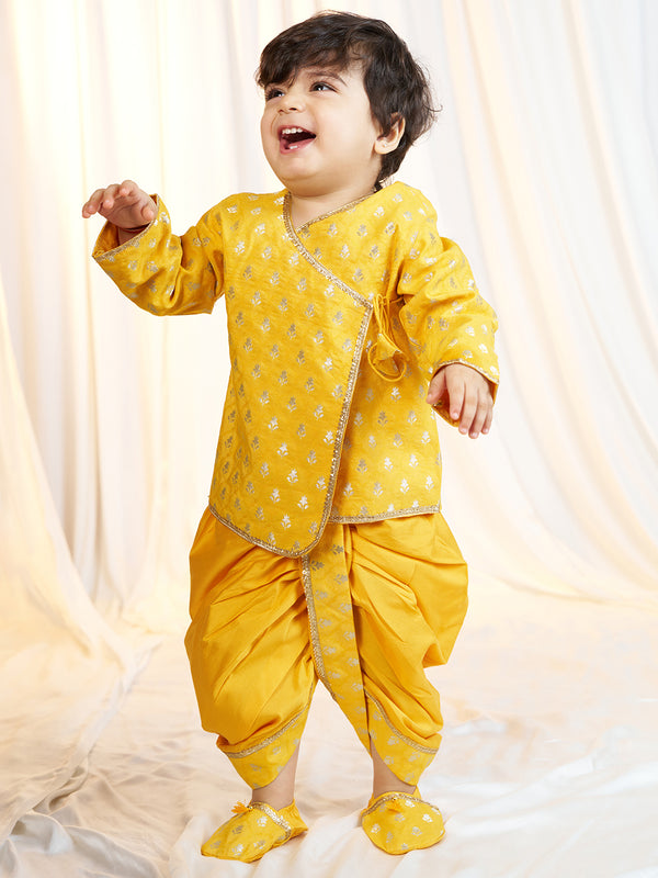 Boys Mustard Viscose Jacquard Kurta Dhoti Set with Floral Pattern