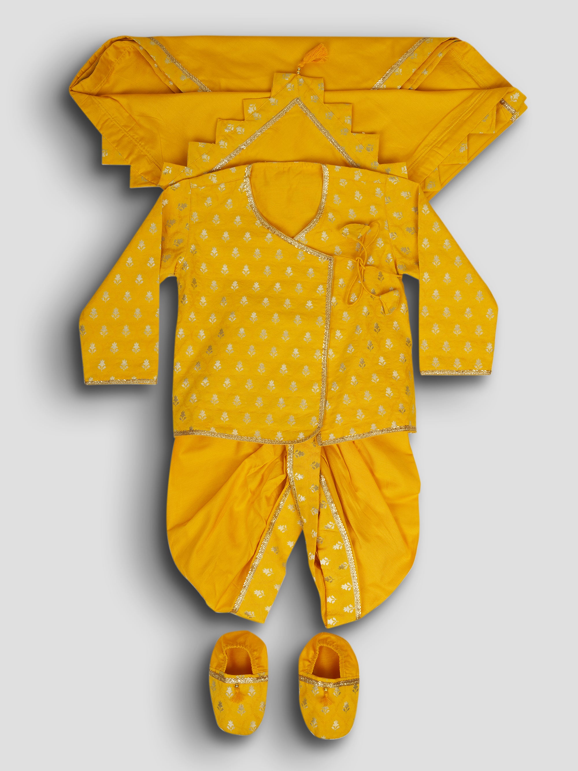 Boys Mustard Viscose Jacquard Kurta Dhoti Set with Floral Pattern