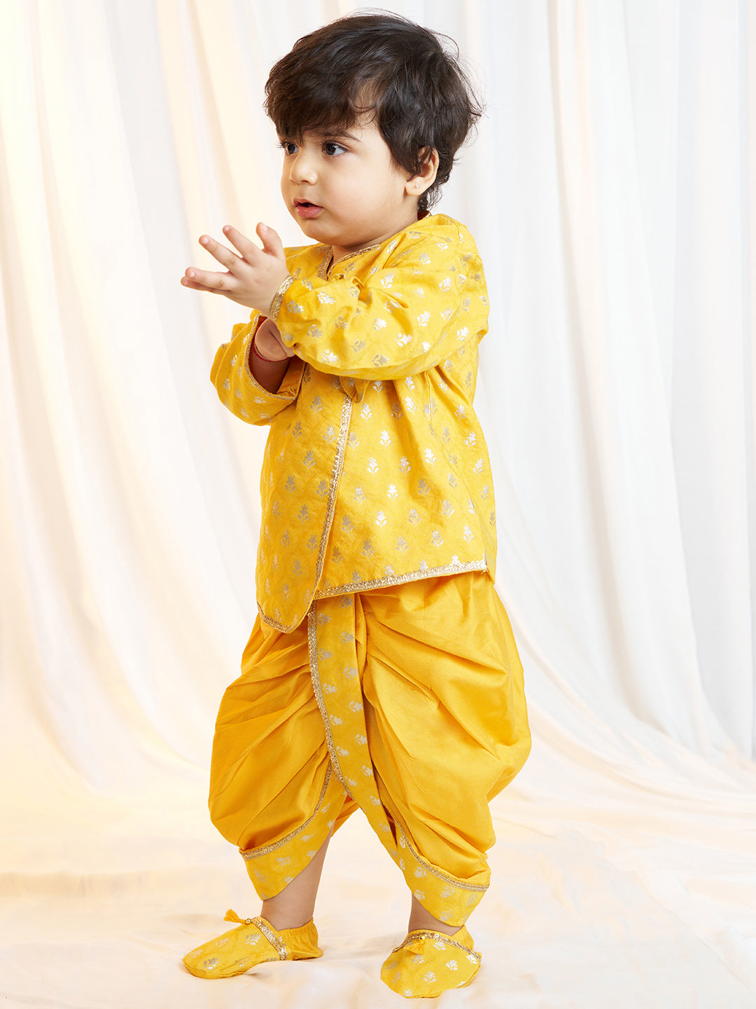 Boys Mustard Viscose Jacquard Kurta Dhoti Set with Floral Pattern