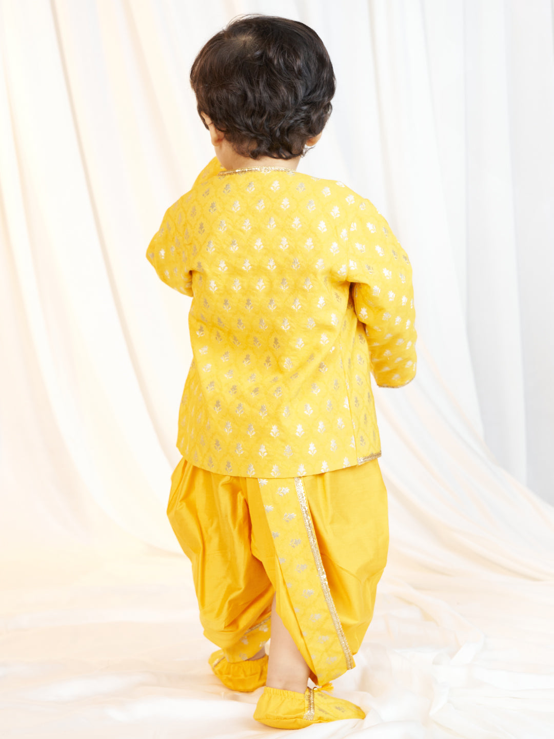 Boys Mustard Viscose Jacquard Kurta Dhoti Set with Floral Pattern