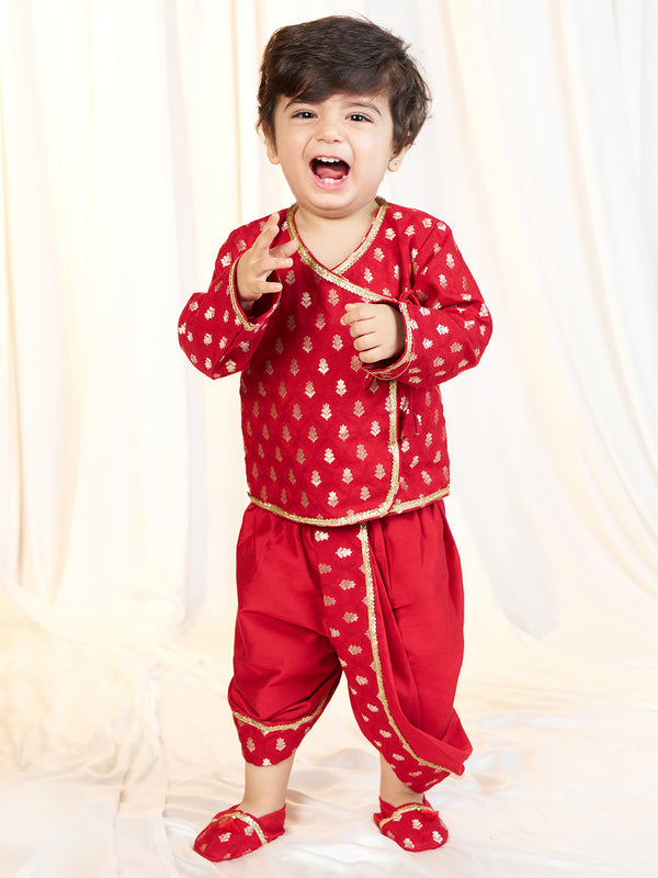 Boys Red Viscose Jacquard Kurta Dhoti Set with Floral Pattern
