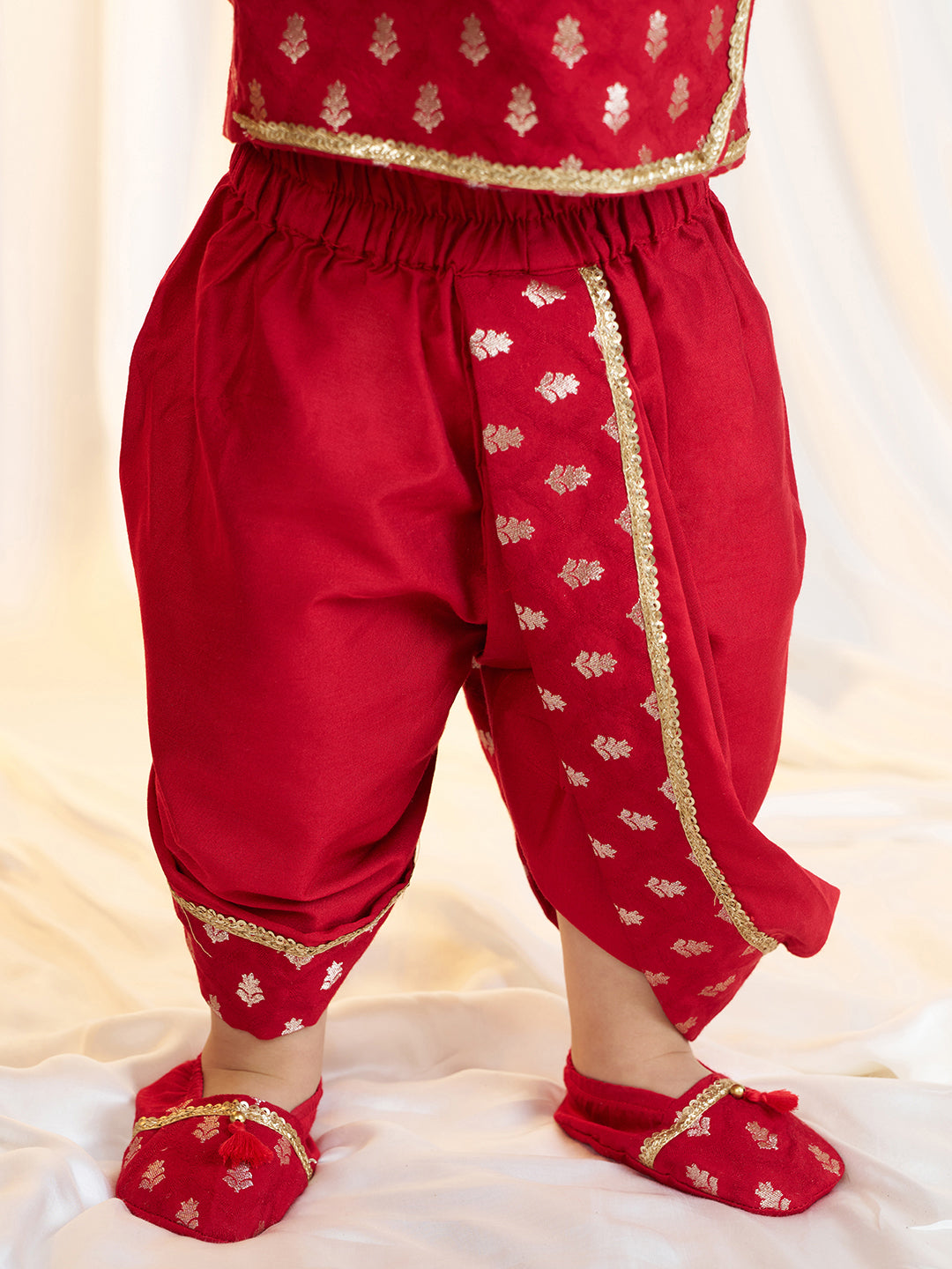 Boys Red Viscose Jacquard Kurta Dhoti Set with Floral Pattern