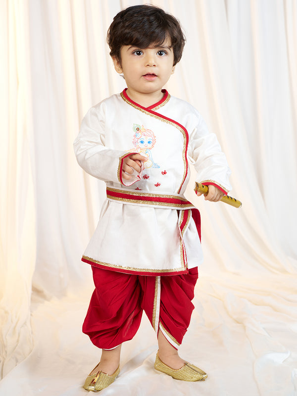 Boys White Fine Satin Kurta Dhoti Set with Flute & Belt