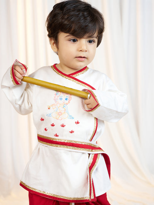 Boys White Fine Satin Kurta Dhoti Set with Flute & Belt