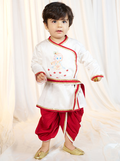Boys White Fine Satin Kurta Dhoti Set with Flute & Belt