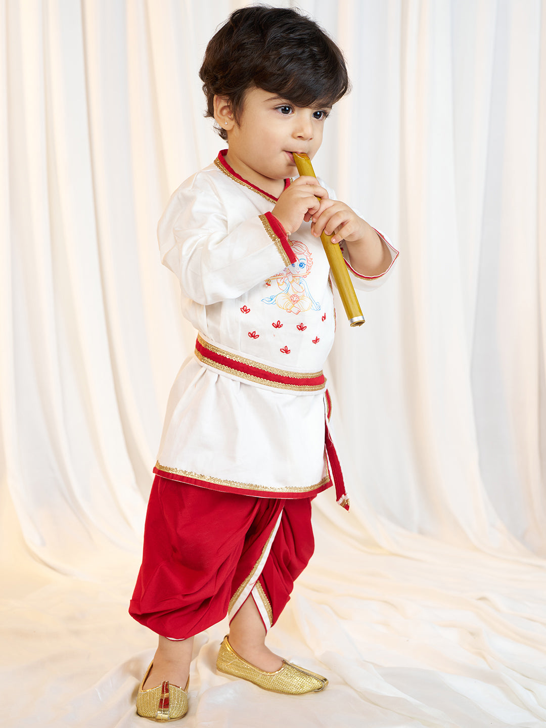 Boys White Fine Satin Kurta Dhoti Set with Flute & Belt
