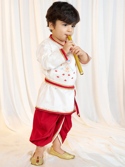 Boys White Fine Satin Kurta Dhoti Set with Flute & Belt